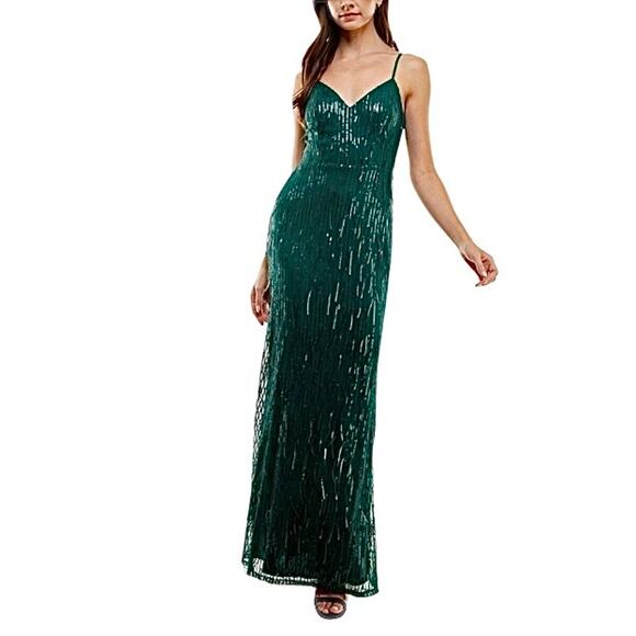 City studio green sequin fringe v-neck gown formal prom emerald - Picture 1 of 8